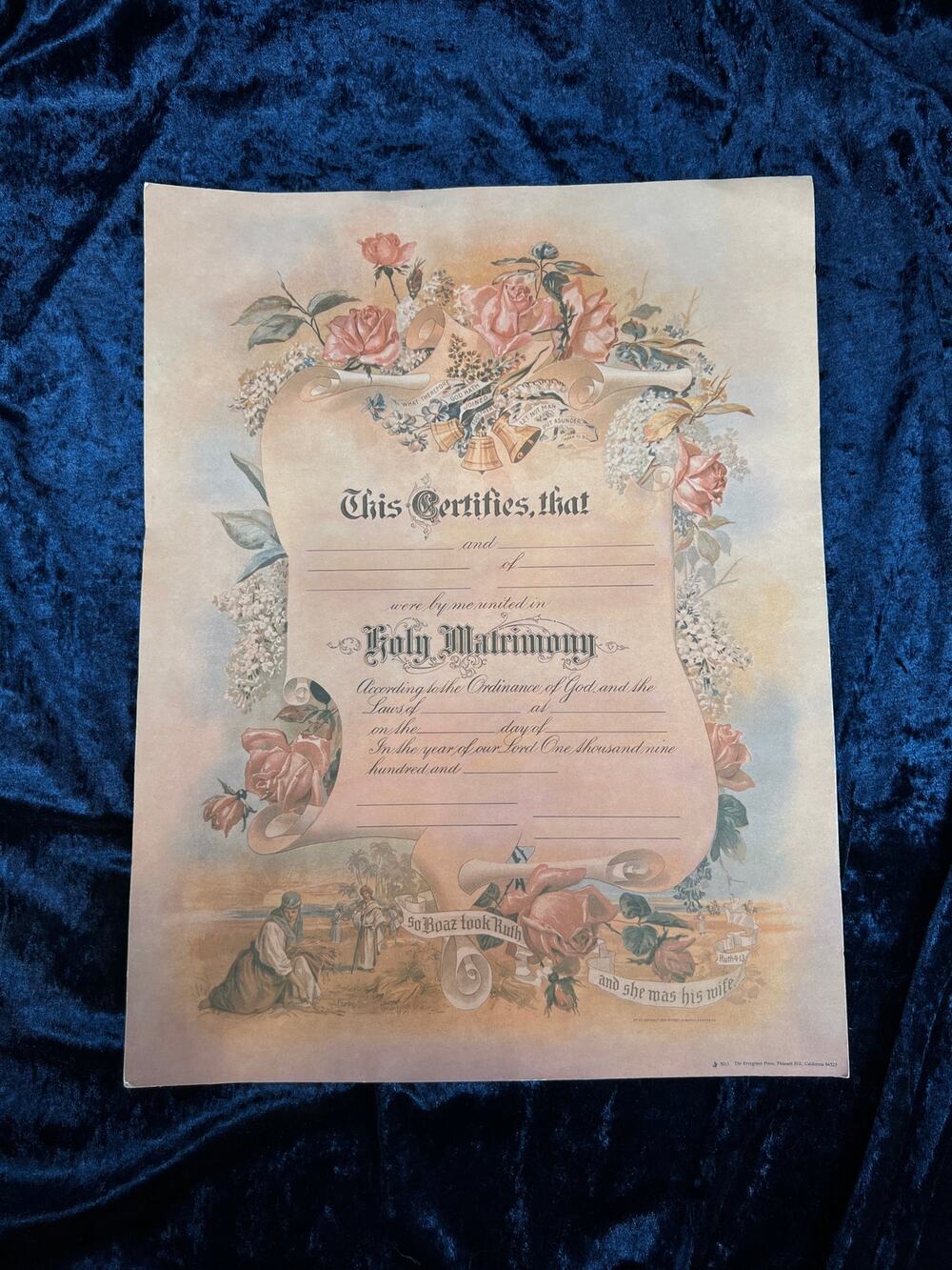 Vintage Paper Marriage Certificate Victorian Style Pink Roses Matrimony Keepsake